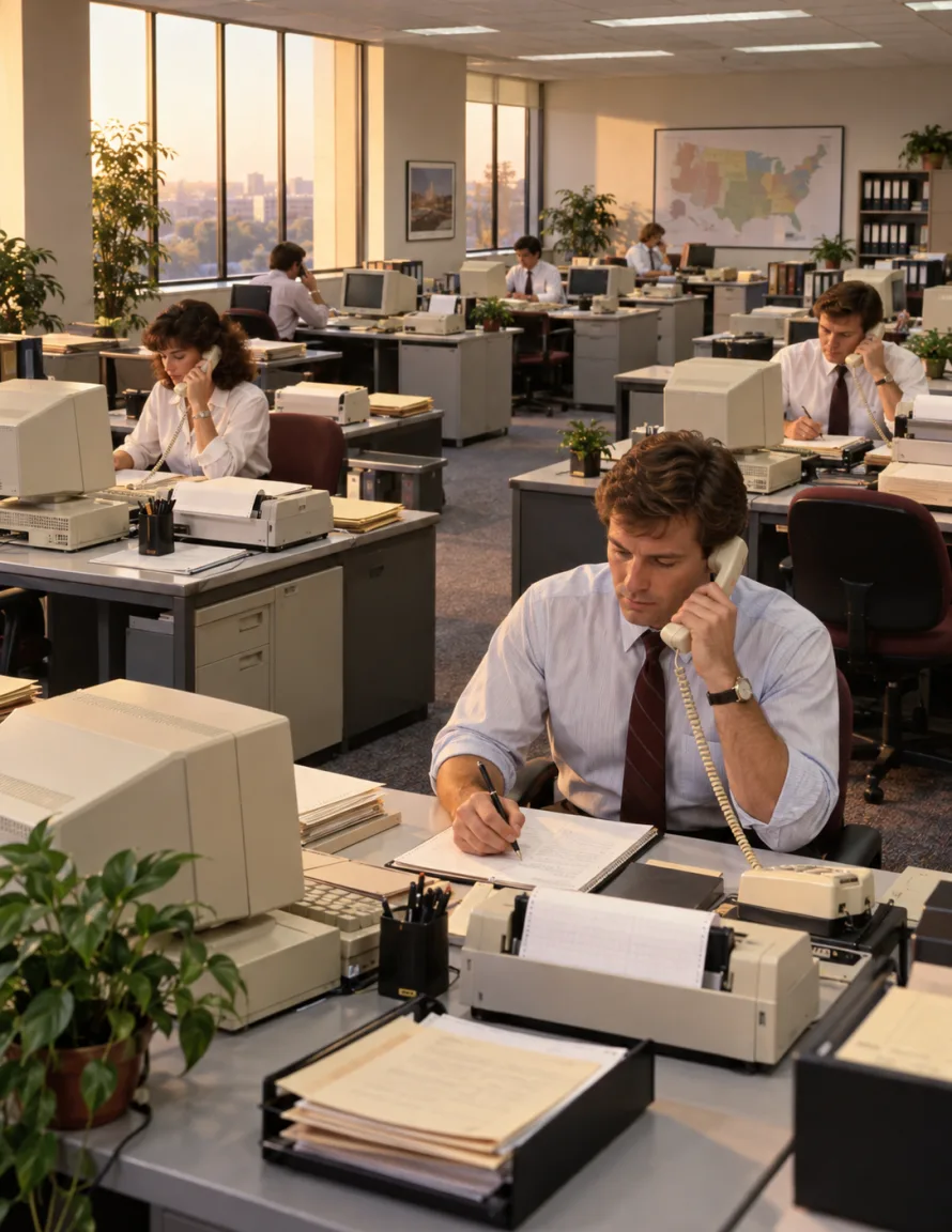 An open-plan sales office with rows of desks, beige personal computers and people on the phone