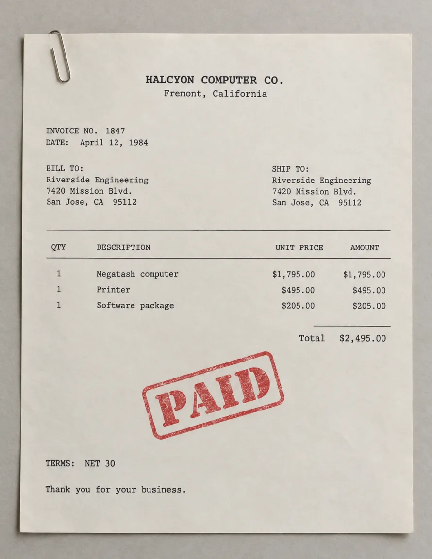 A typewritten Halcyon Computer Co. invoice on cream paper with a red PAID stamp