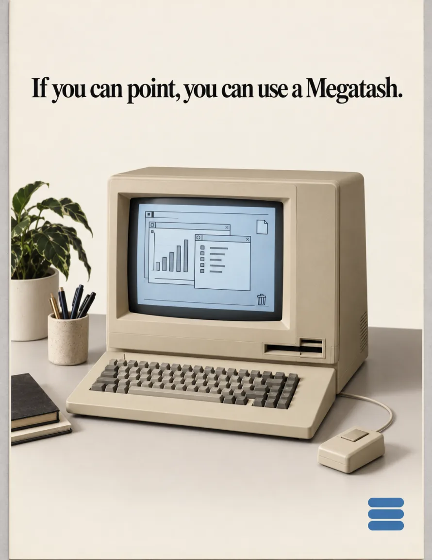 A poster of a beige computer with a mouse and the line If you can point, you can use a Megatash
