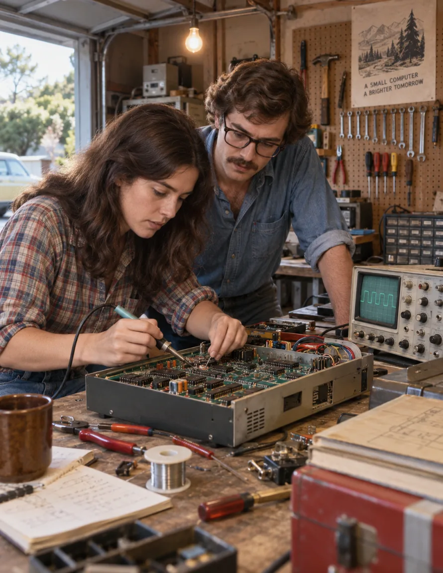 Two founders in a garage workshop bent over an open circuit board