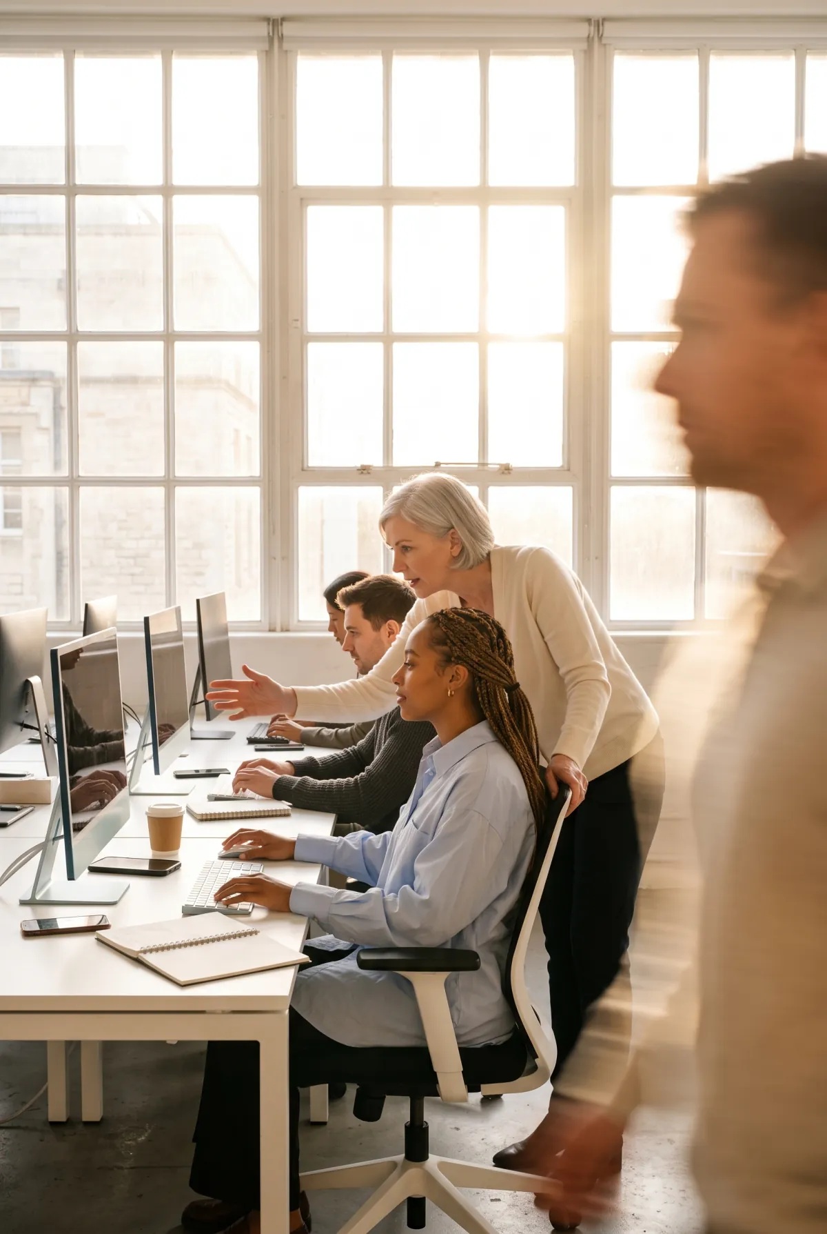 Manager leaning over to coach colleagues at desktop computers in a sunlit office