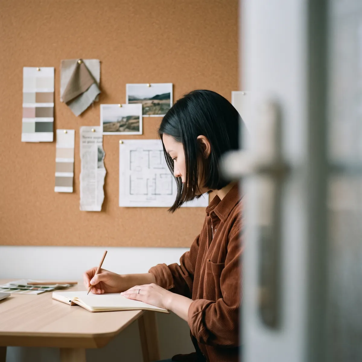Woman writing in a notebook at a desk in front of a cork board pinned with swatches, photos and a floor plan
