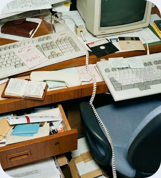 Cluttered desk with old keyboards, a CRT monitor, floppy disks and sticky notes