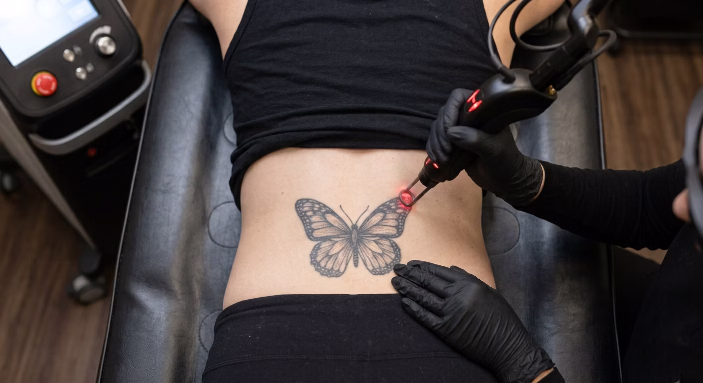 Laser tattoo removal session on a lower back tattoo