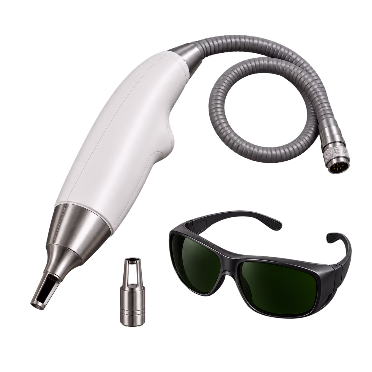Laser tattoo removal handpiece and safety glasses