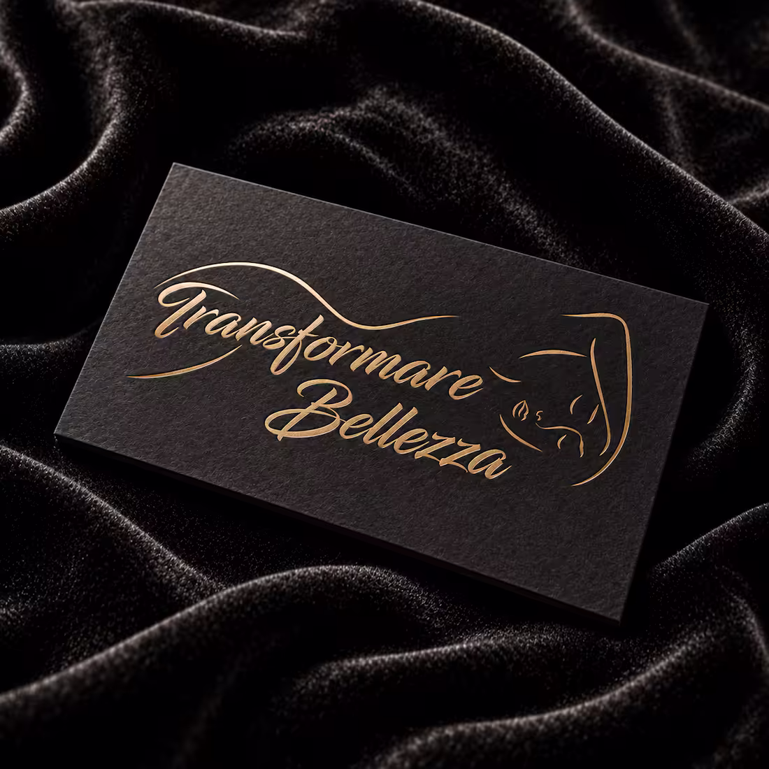 Transformare Bellezza gold foil card on black velvet