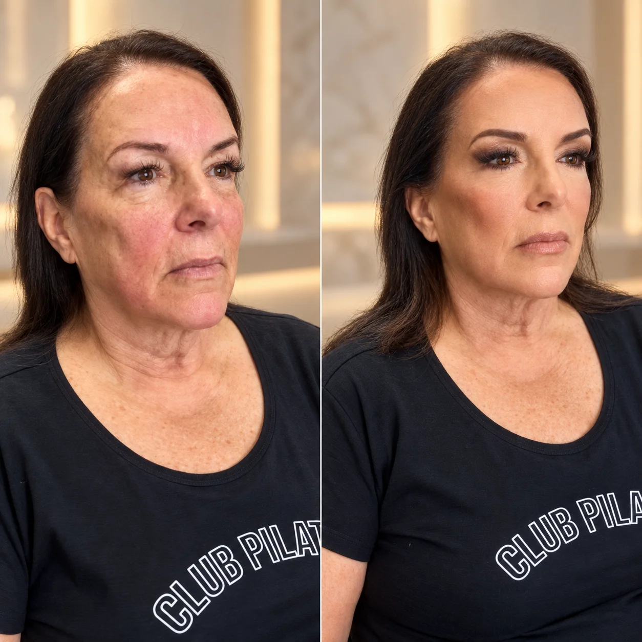 Client before and after a full glam makeup application