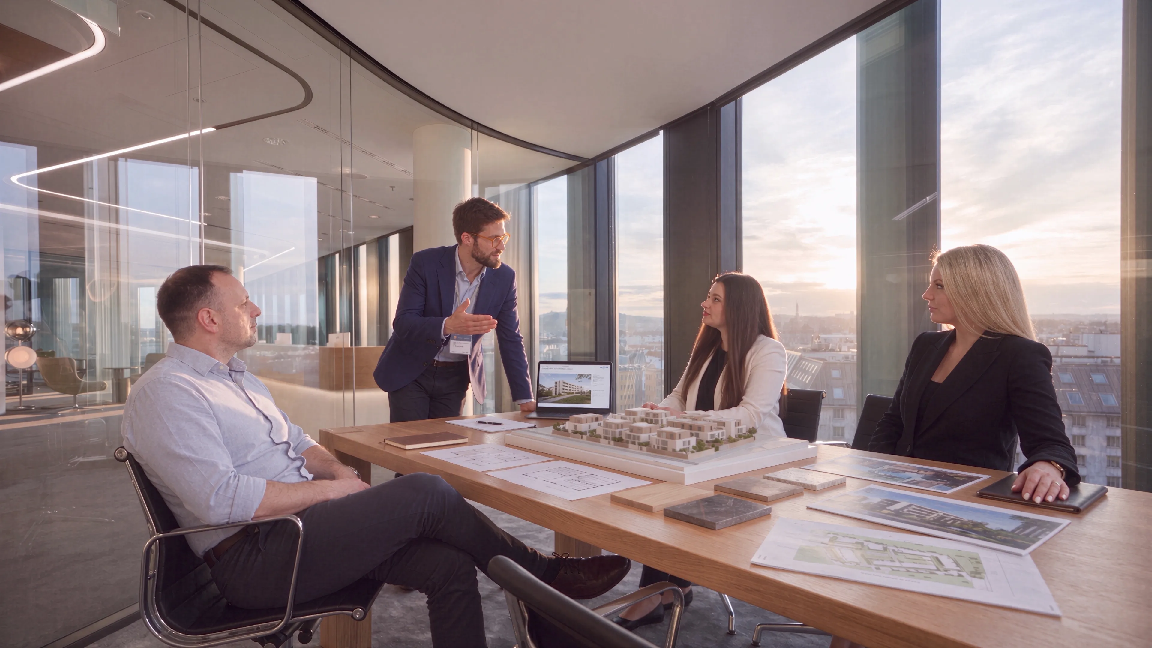 Four colleagues around a table with a scale model of a residential development, in a glass-walled office at sunset