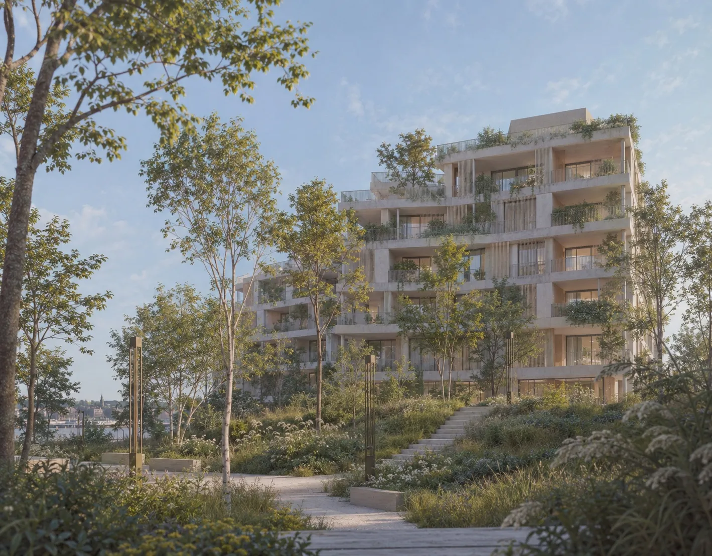 A residential building set among mature trees and planted terraces