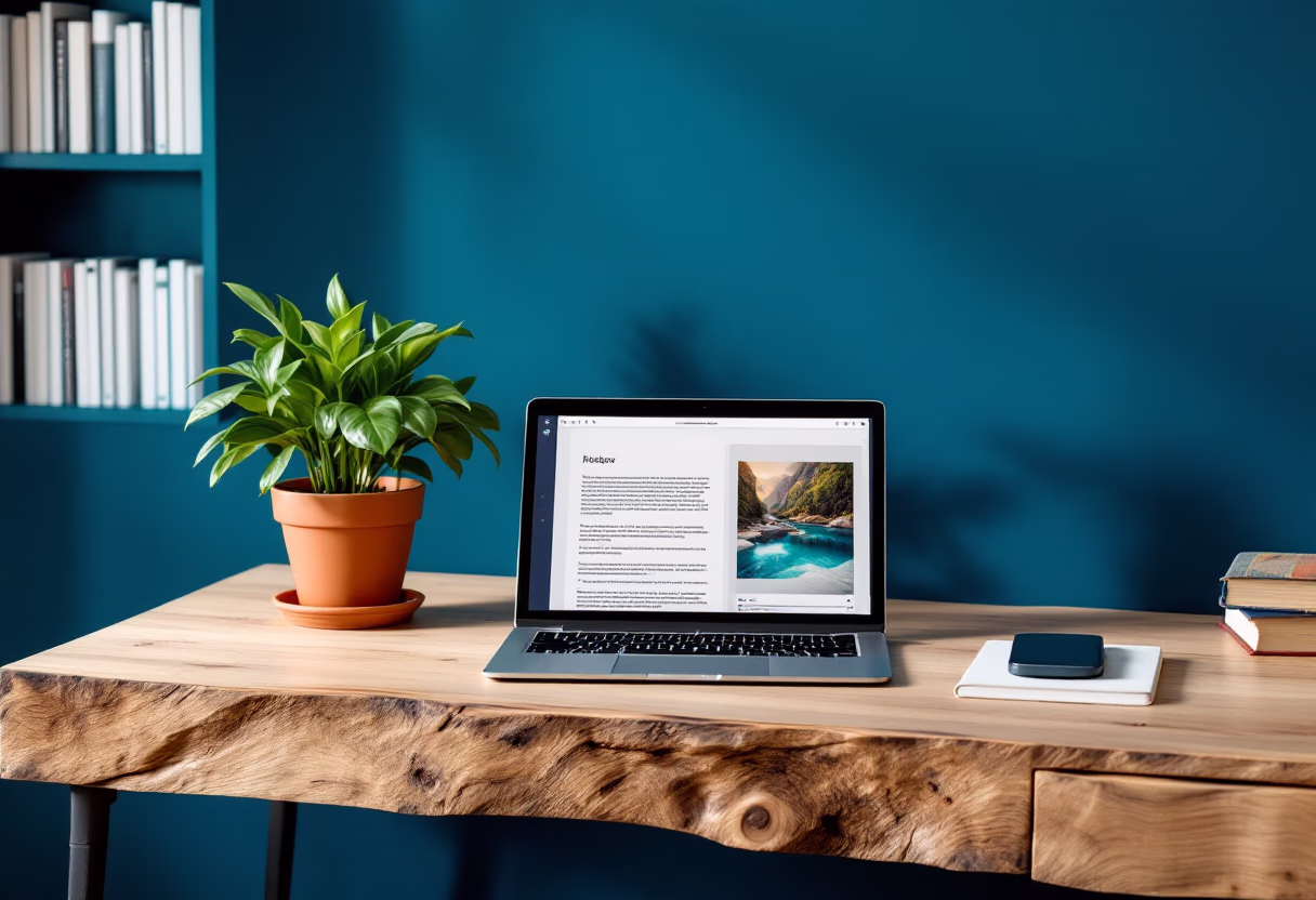 image of desk with a laptop and a plant (for a bookstore)