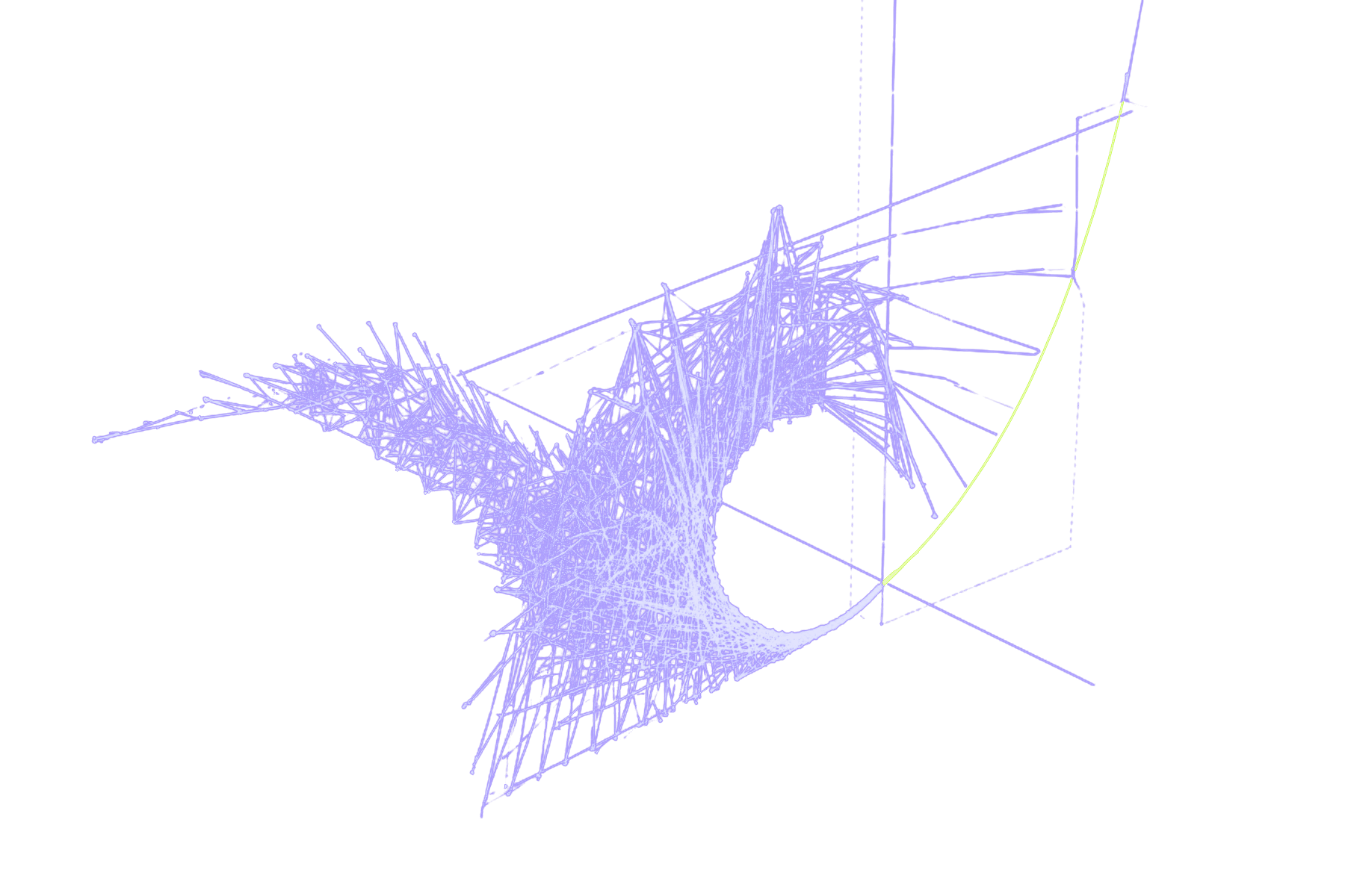 A curved wireframe surface sweeping into a dense knot of lines around a circular void.
