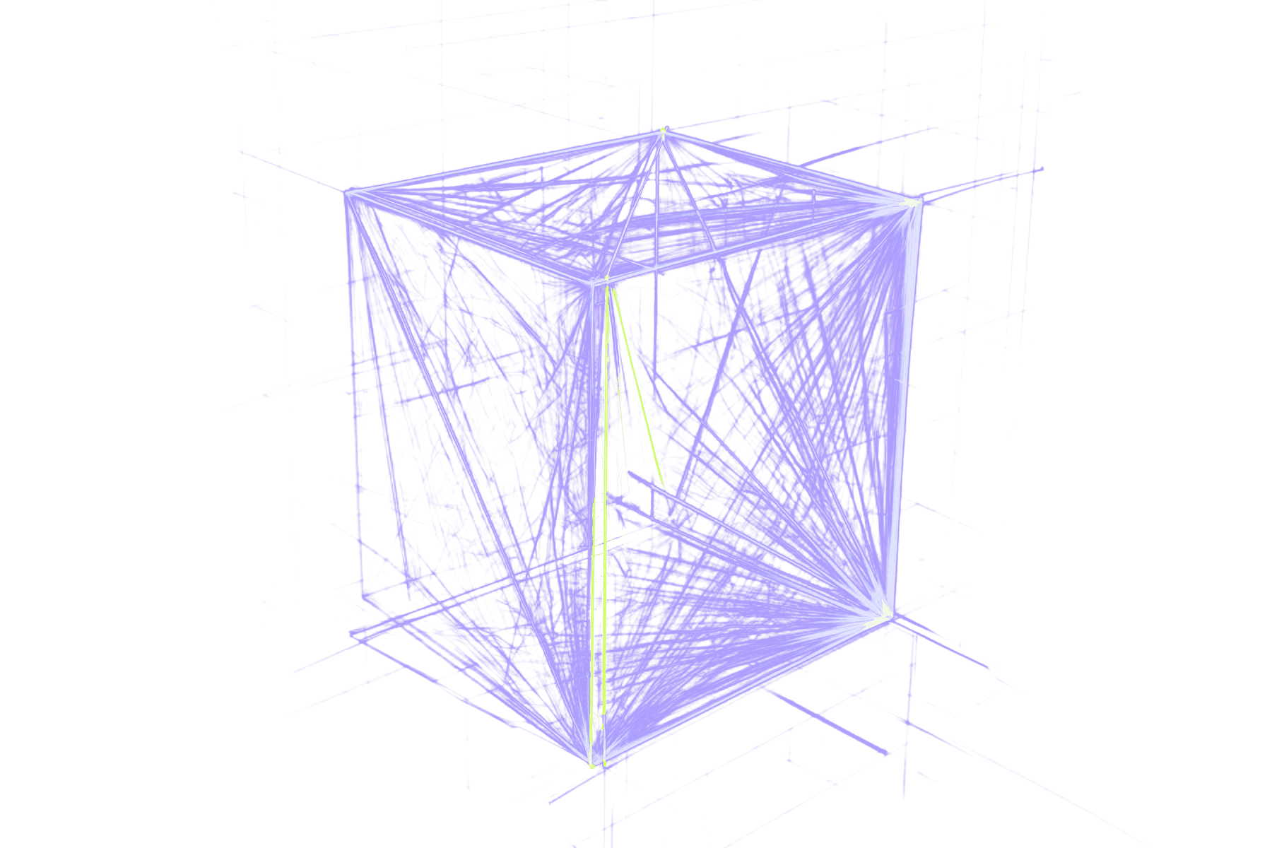 An open wireframe cube crossed by diagonal lines converging at its corners.