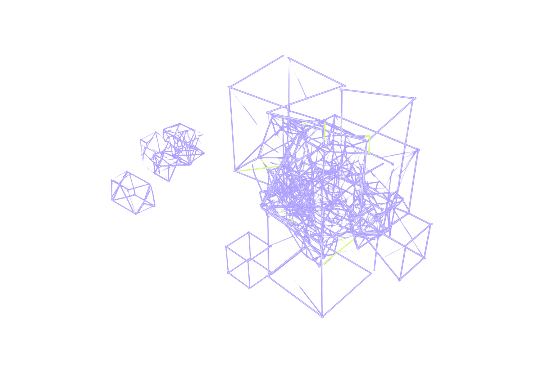 Wireframe cubes nested inside a larger open cube, drawn in indigo and periwinkle line work.