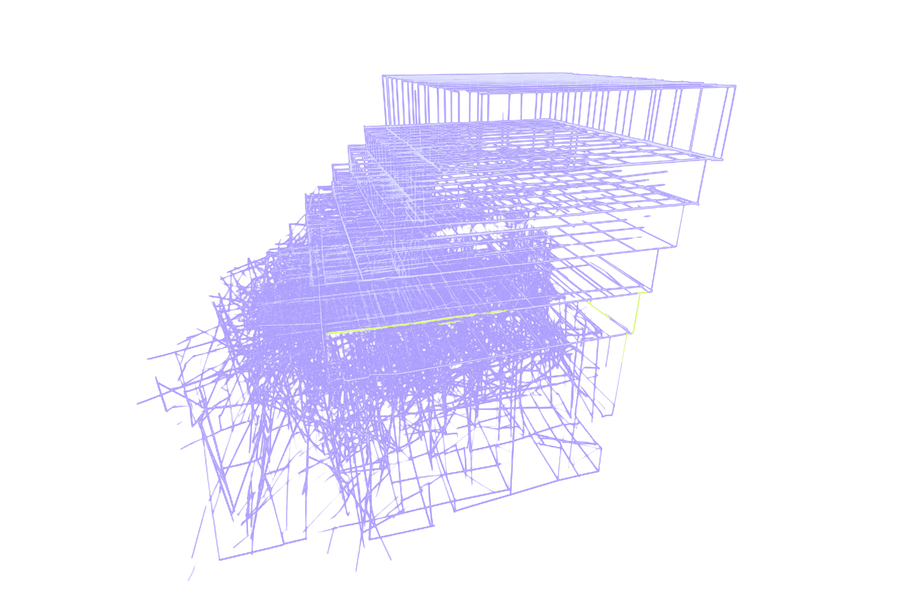 Wireframe planes stacked in ascending steps above a dense lattice.