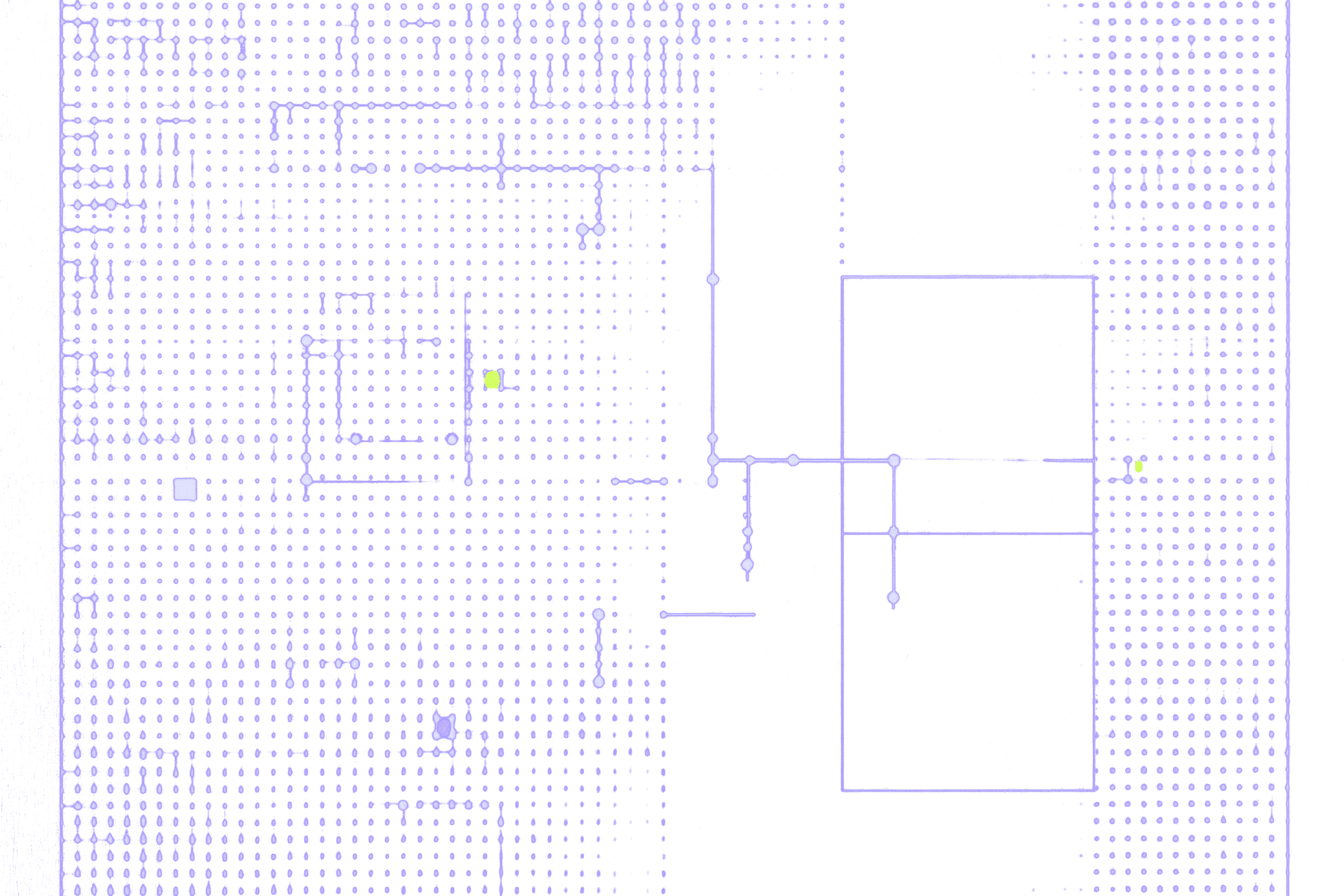 A dense grid of small squares with a few highlighted nodes and the paths connecting them.