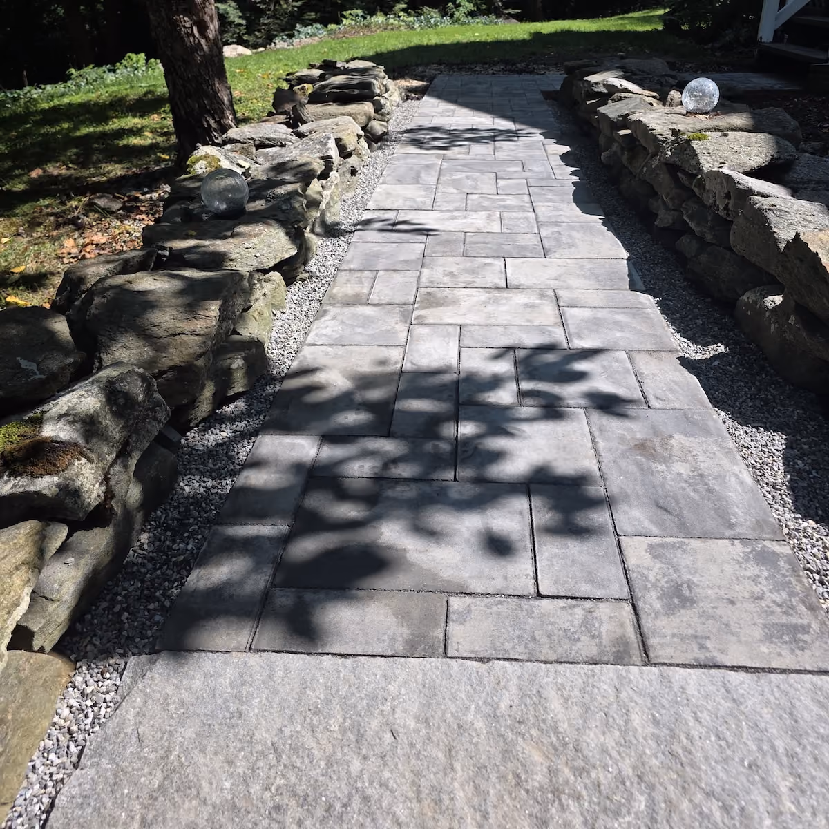 Custom paver walkway installation by Classic Outdoors in Connecticut.
