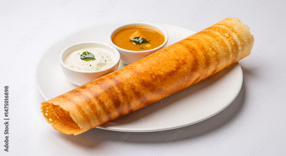 Golden-brown dosa served on white plate with coconut chutney and sambar in small bowls.