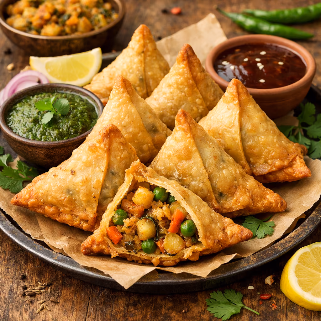 Plate of crispy samosas served with green chutney, tamarind sauce, lemon wedges, and fresh herbs.