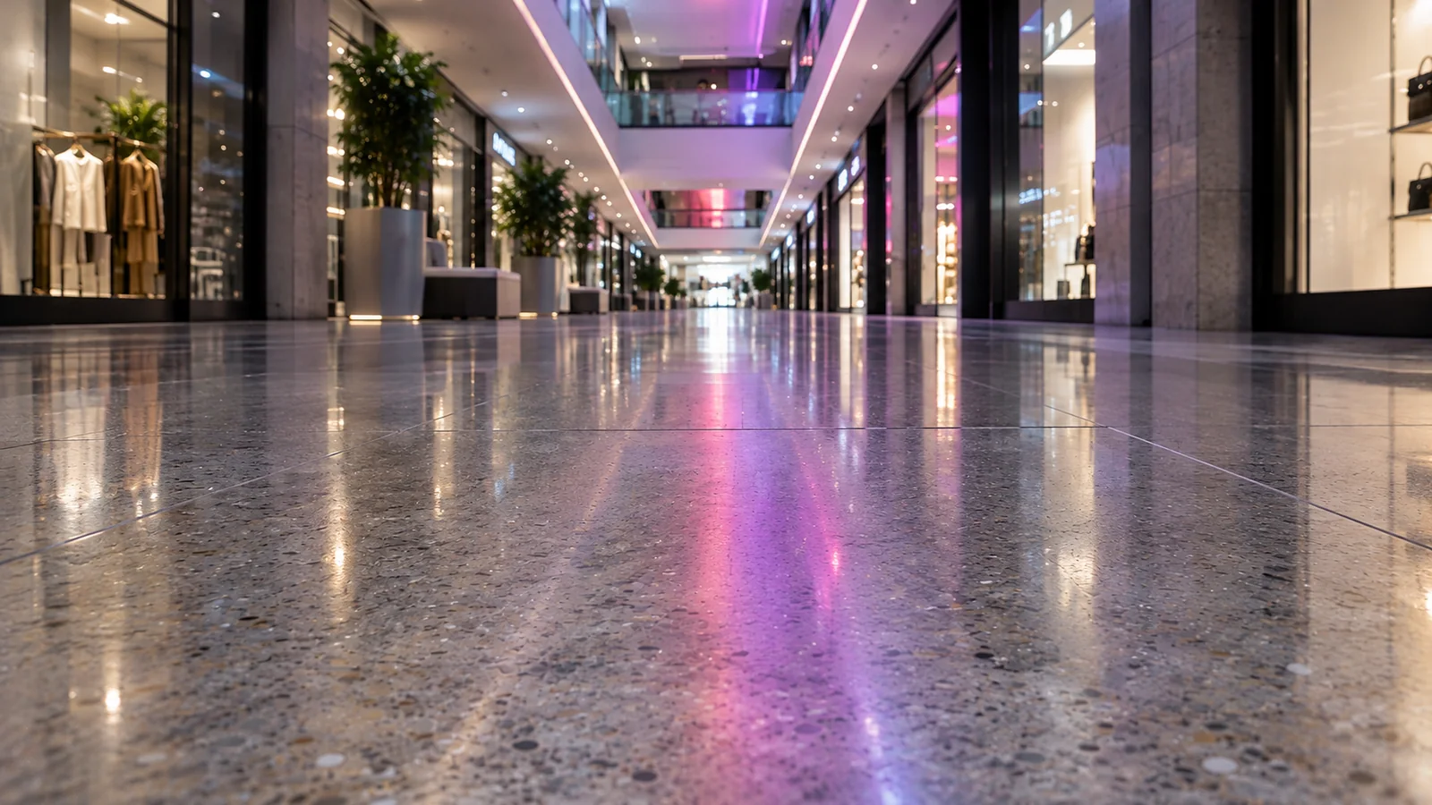 A light mall hall with shop fronts along the walls and a soft coloured glow on the floor.