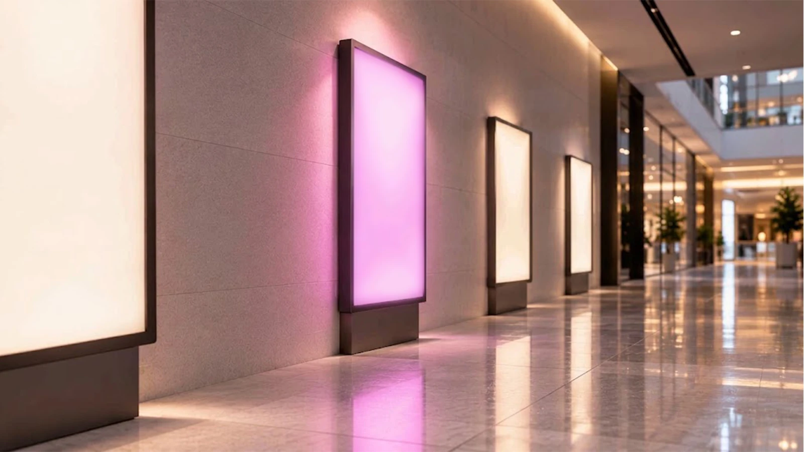 Three blank, softly glowing panels along a light mall wall, getting smaller into the distance.