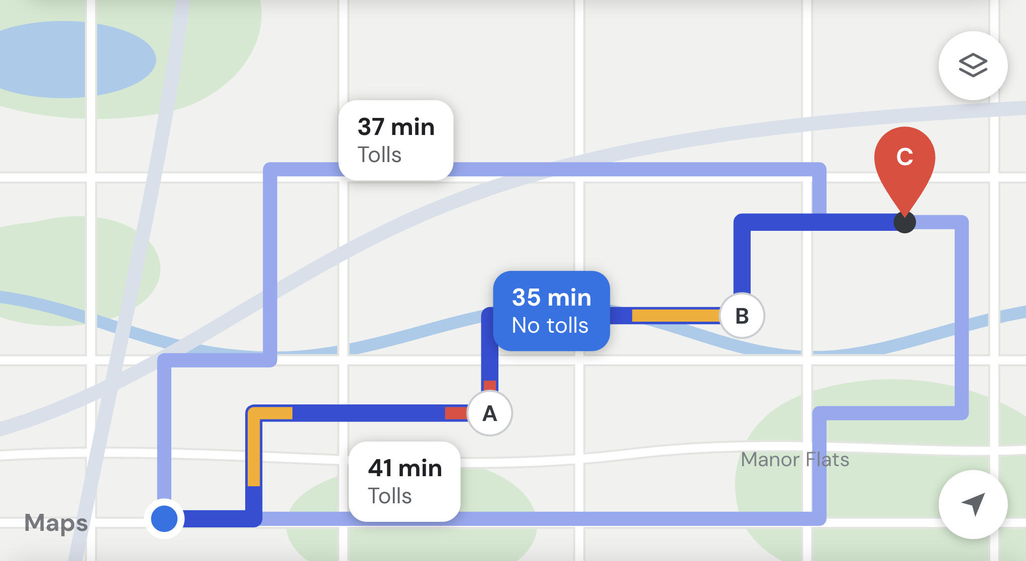Map route showing three stops