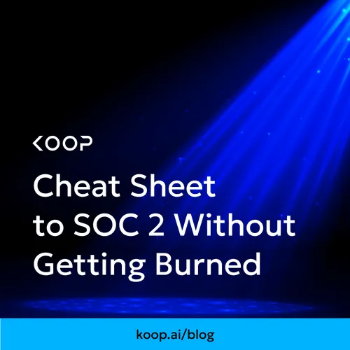 Graphic titled "Cheat Sheet to SOC 2 Without Getting Burned" from Koop.ai. It features a spotlight effect with blue rays shining from the upper right, illuminating the center text. Above, smaller text reads: "What Is SOC 2 Compliance — and Why It Might Be the Most Expensive 'Checklist' You Ever Ignore." The Koop logo appears above the main title. A bright blue footer bar at the bottom displays the URL: koop.ai/blog.