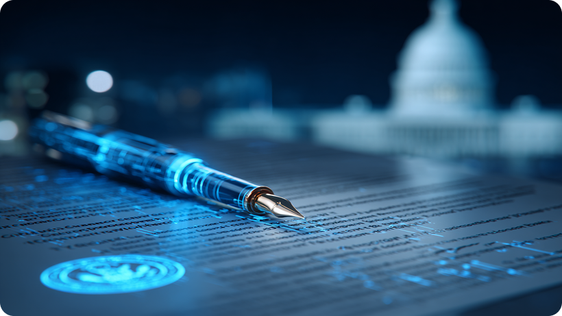 A picture of a Contract Management Standard bill being signed with a congressional building in the background. 