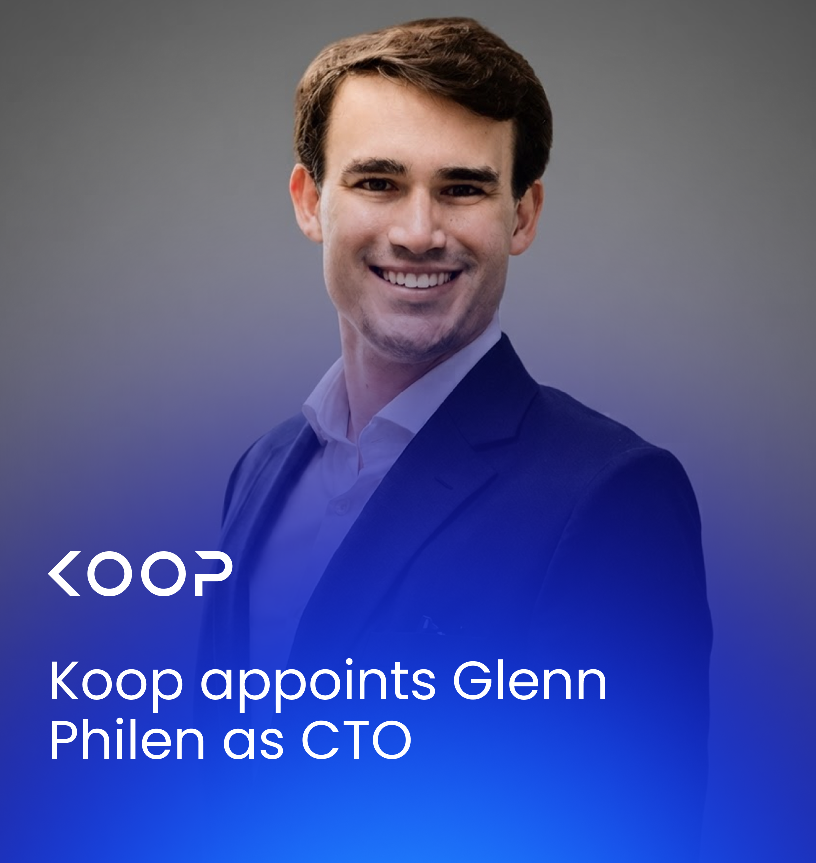 Portrait of Glenn Philen smiling in a navy blazer, with the Koop logo and text “Koop appoints Glenn Philen as CTO” over a blue gradient.
