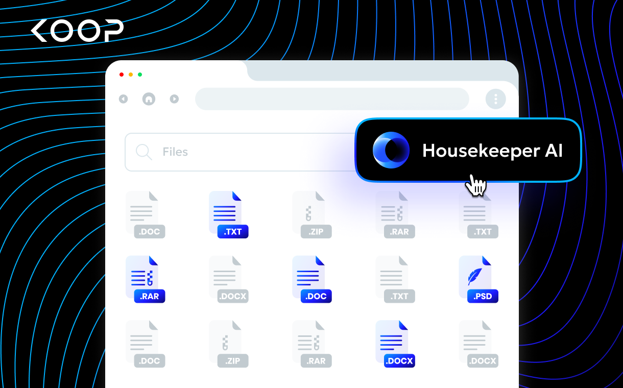 Stylized browser window showing digital files with a “Housekeeper AI” button overlay, set against a black background with blue contour lines.