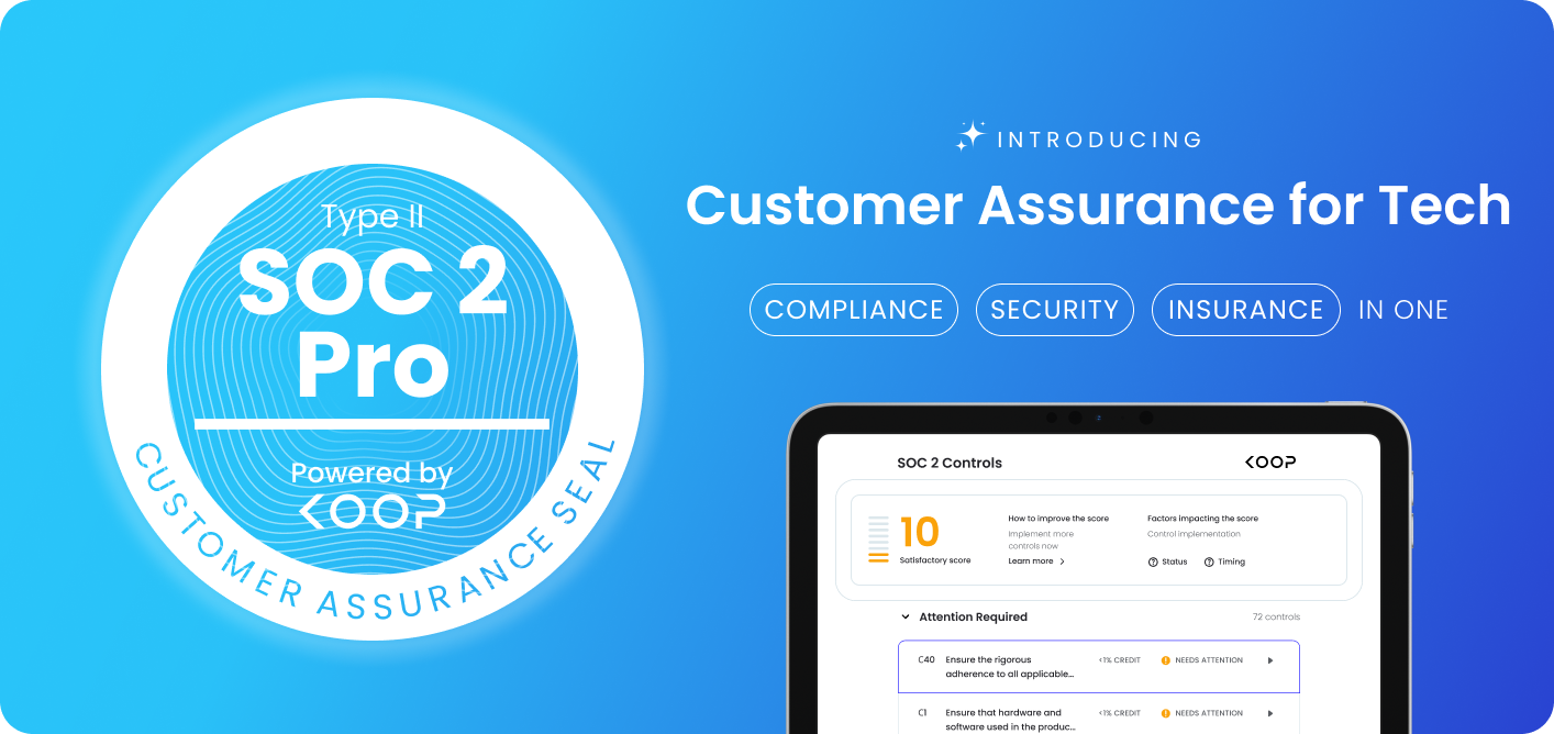 Blue gradient graphic featuring a circular “SOC 2 Pro” Type II customer assurance seal, powered by Koop.