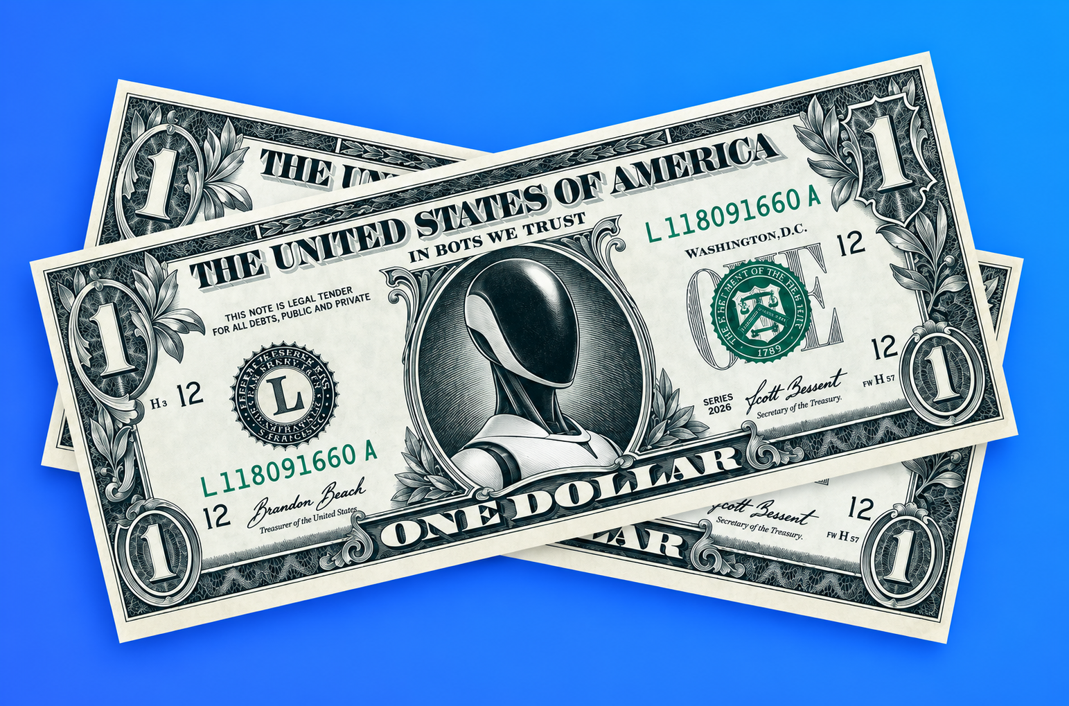 Three overlapping stylized U.S. one-dollar bills on a bright blue background, redesigned with a futuristic humanoid robot portrait and the phrase “IN BOTS WE TRUST.”