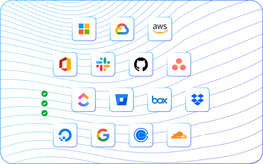 Logos of available integrations with Koop platform, like AWS, Asana, Github, Dropbox, Cloudfare, Google, Slack, ClickUp and others.