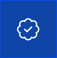 White check mark inside a scalloped circle on a blue square background.