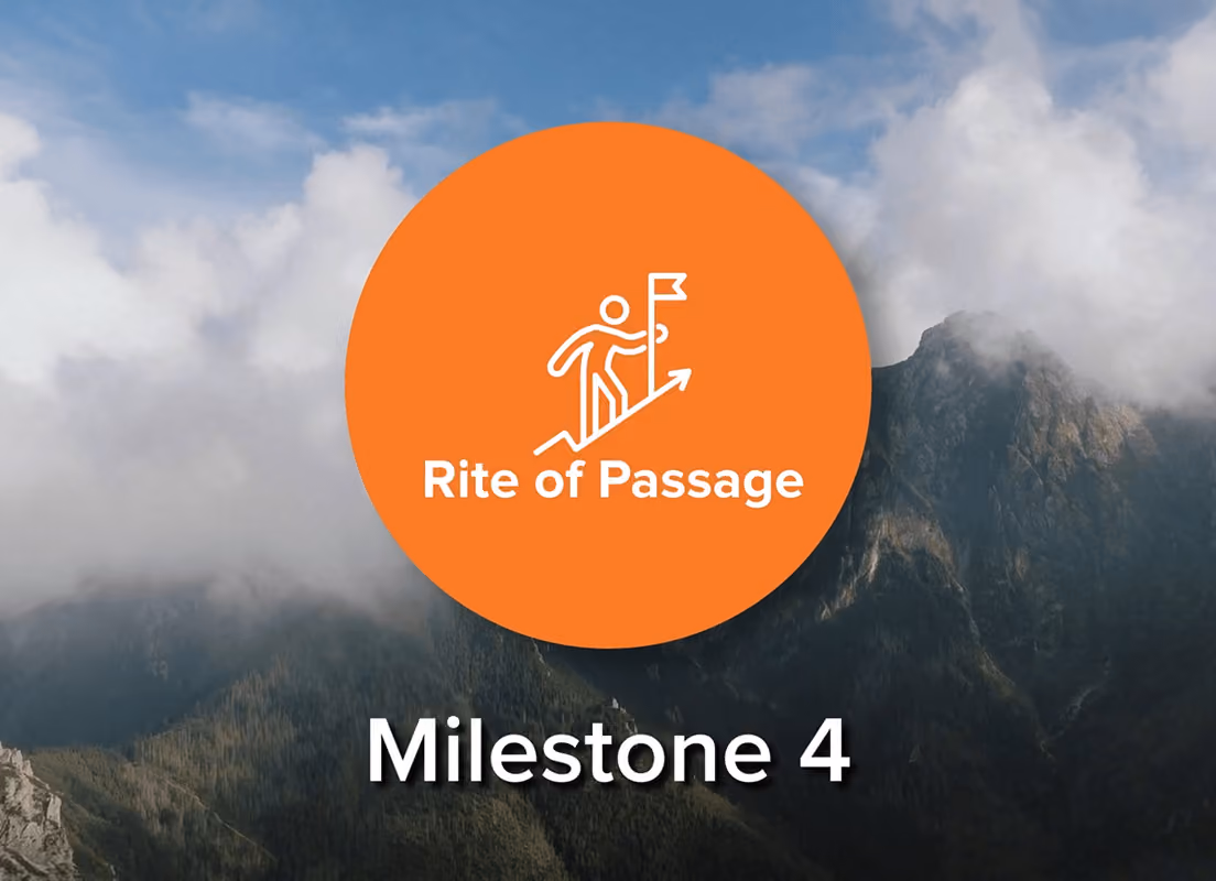Orange circle with a person climbing an arrow holding a flag above text 'Rite of Passage' on mountain background