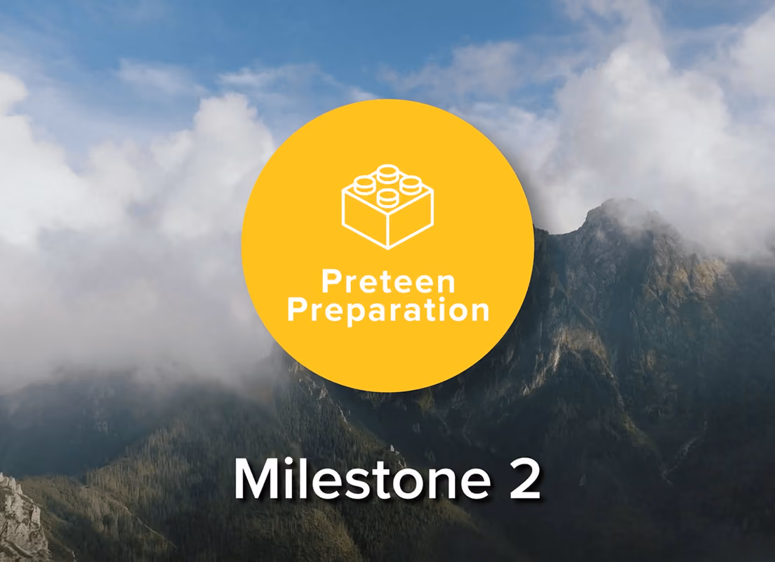 Mountain landscape with clouds and a yellow circle showing a toy block icon and text Preteen Preparation.