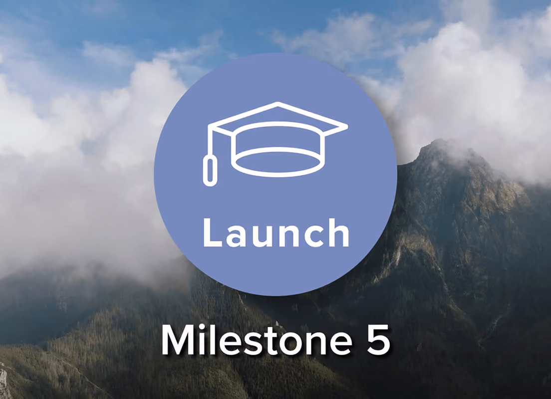 Blue circle with a white graduation cap icon and the word Launch above the text Milestone 5.