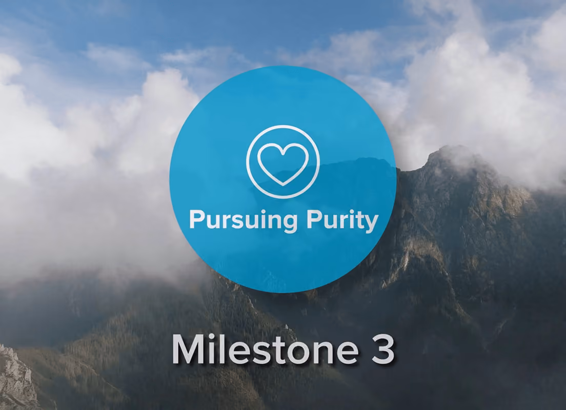Blue circle with heart icon and text Pursuing Purity above Milestone 3 over mountain background.