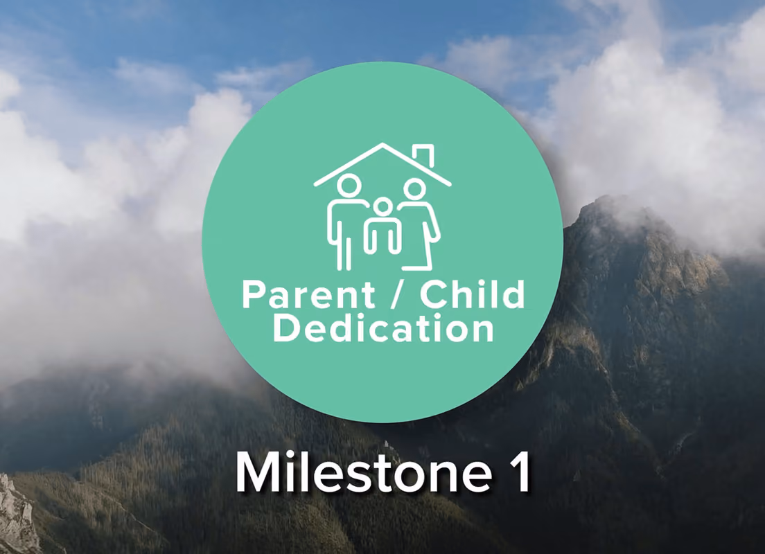 Green circle with parent and child icon and text 'Parent / Child Dedication' over mountain background