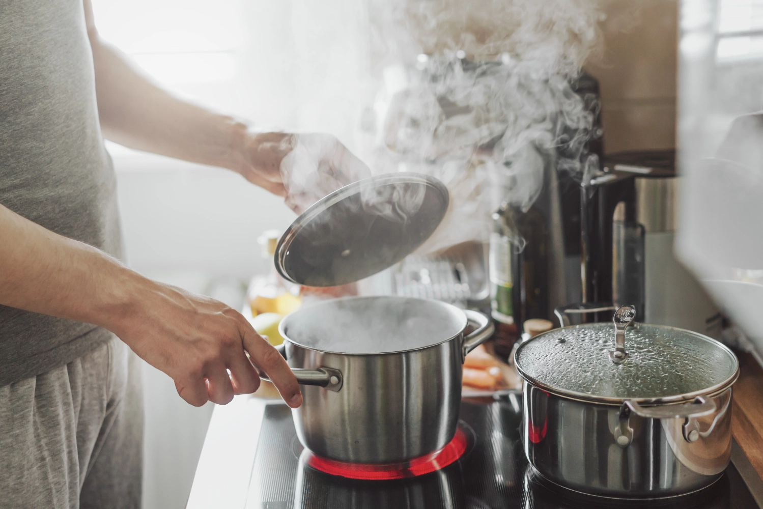 Steam from cooking causing elevated relative humidity.