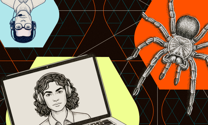 Illustration of contact center representative person on video call and spider with dark background and geometric shapes
