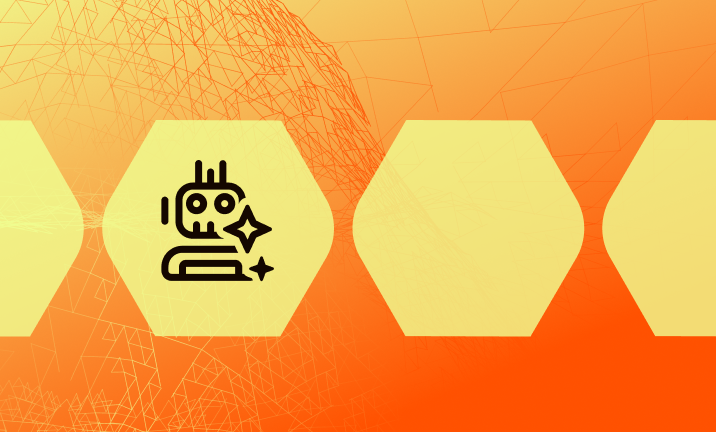 yellow to orange gradient with mesh texture and 4 geometric shapes and one robot icon