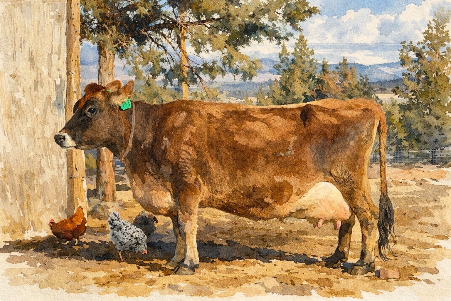 Illustration of a Jersey dairy cow and two hens beside a barn, with juniper trees and Central Oregon hills behind