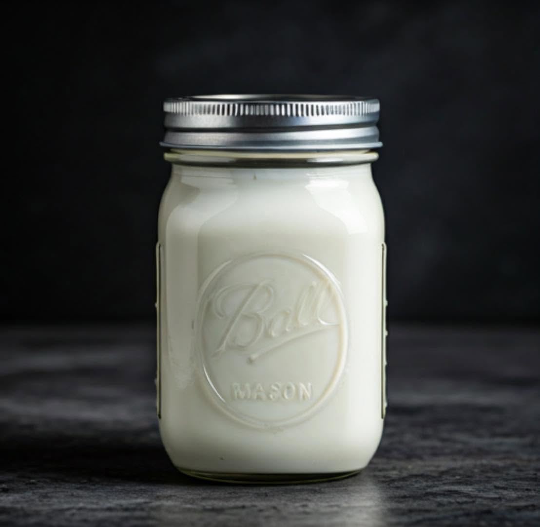 A Ball mason jar filled with fresh raw milk on a dark stone counter