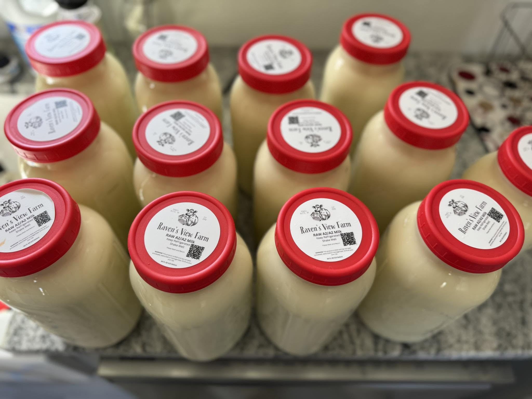 Glass jars of Raven's View Farm raw A2/A2 milk with red lids, labeled and lined up for farmstand pickup