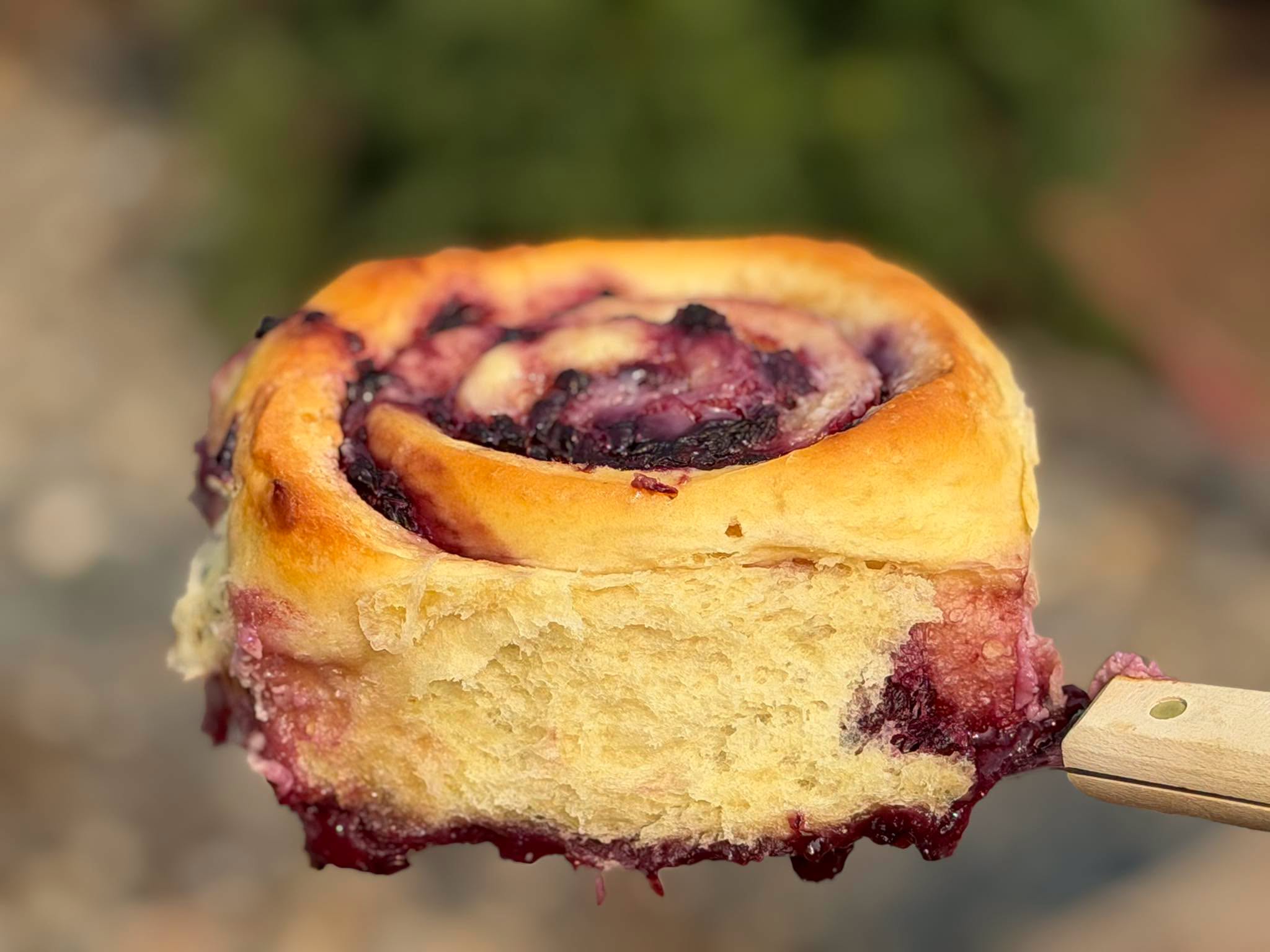 A warm blueberry swirl sweet roll on a wooden spatula, baked fresh at Raven's View Farm