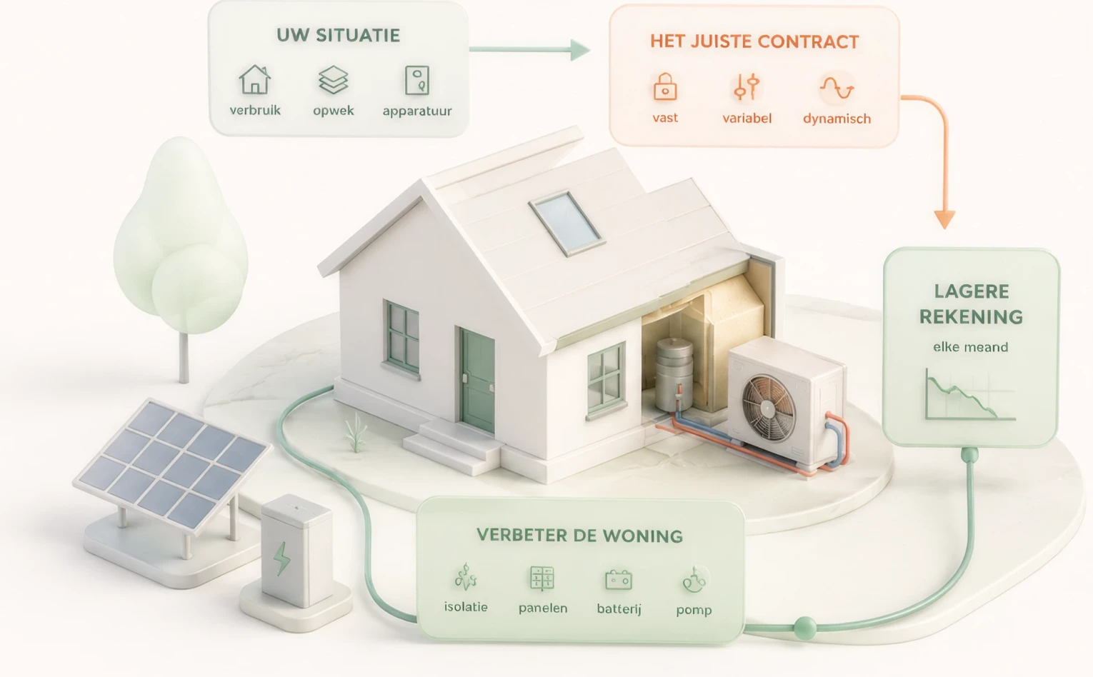 Diagram: situatie, juist contract, lagere rekening, woning verbeteren