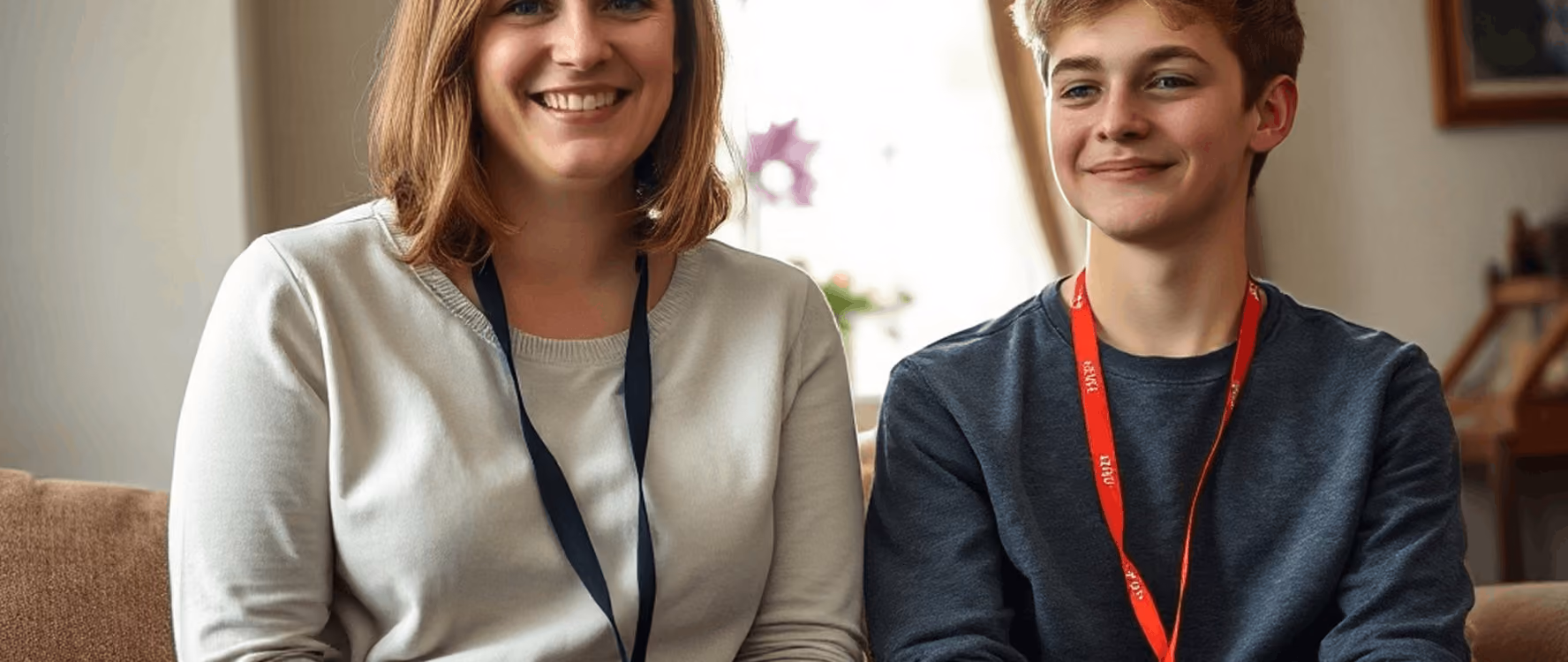 Smiling woman and teenage boy sitting side by side wearing lanyards indoors.