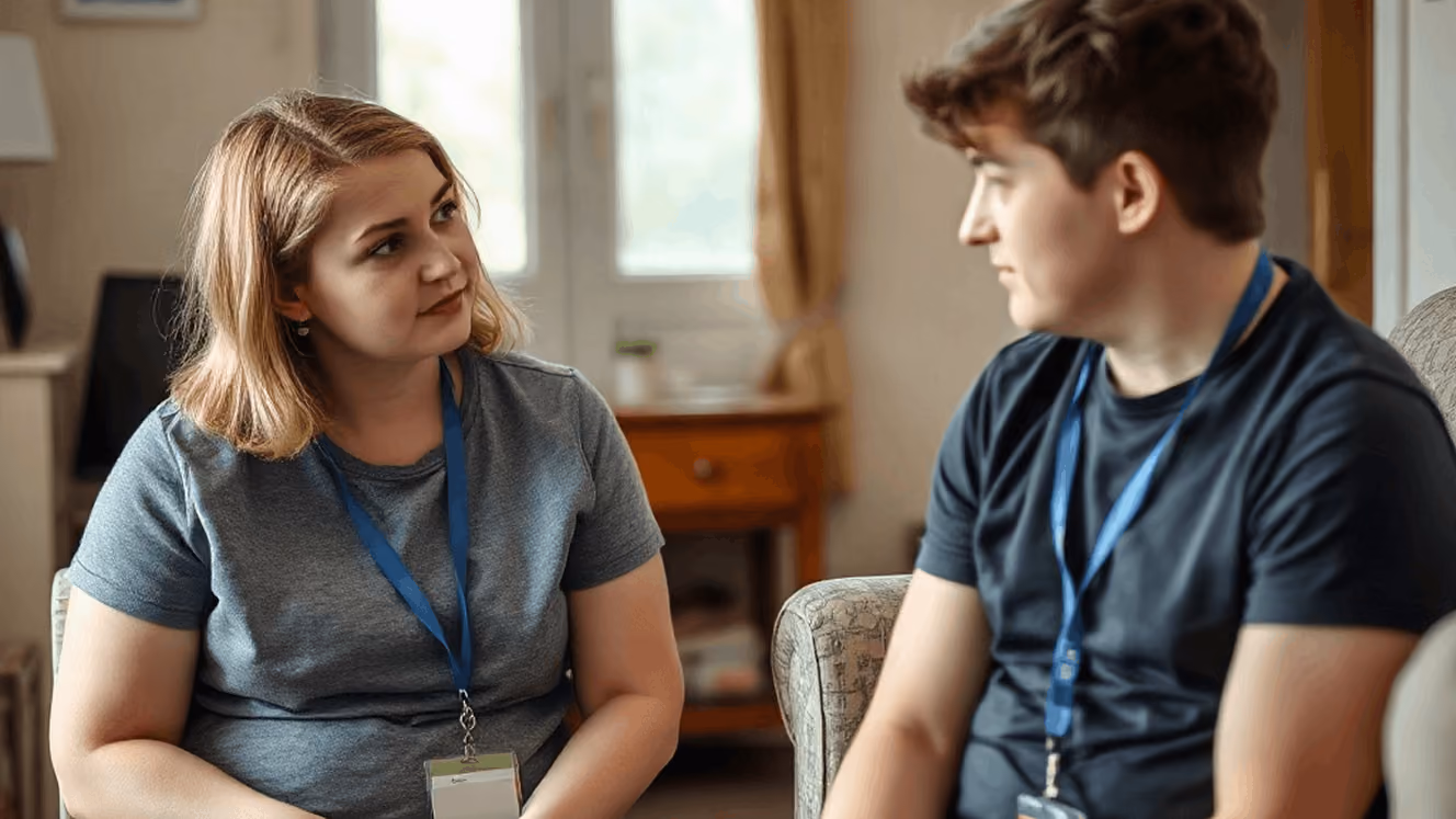 Two people wearing badges having a serious conversation in a softly lit room.