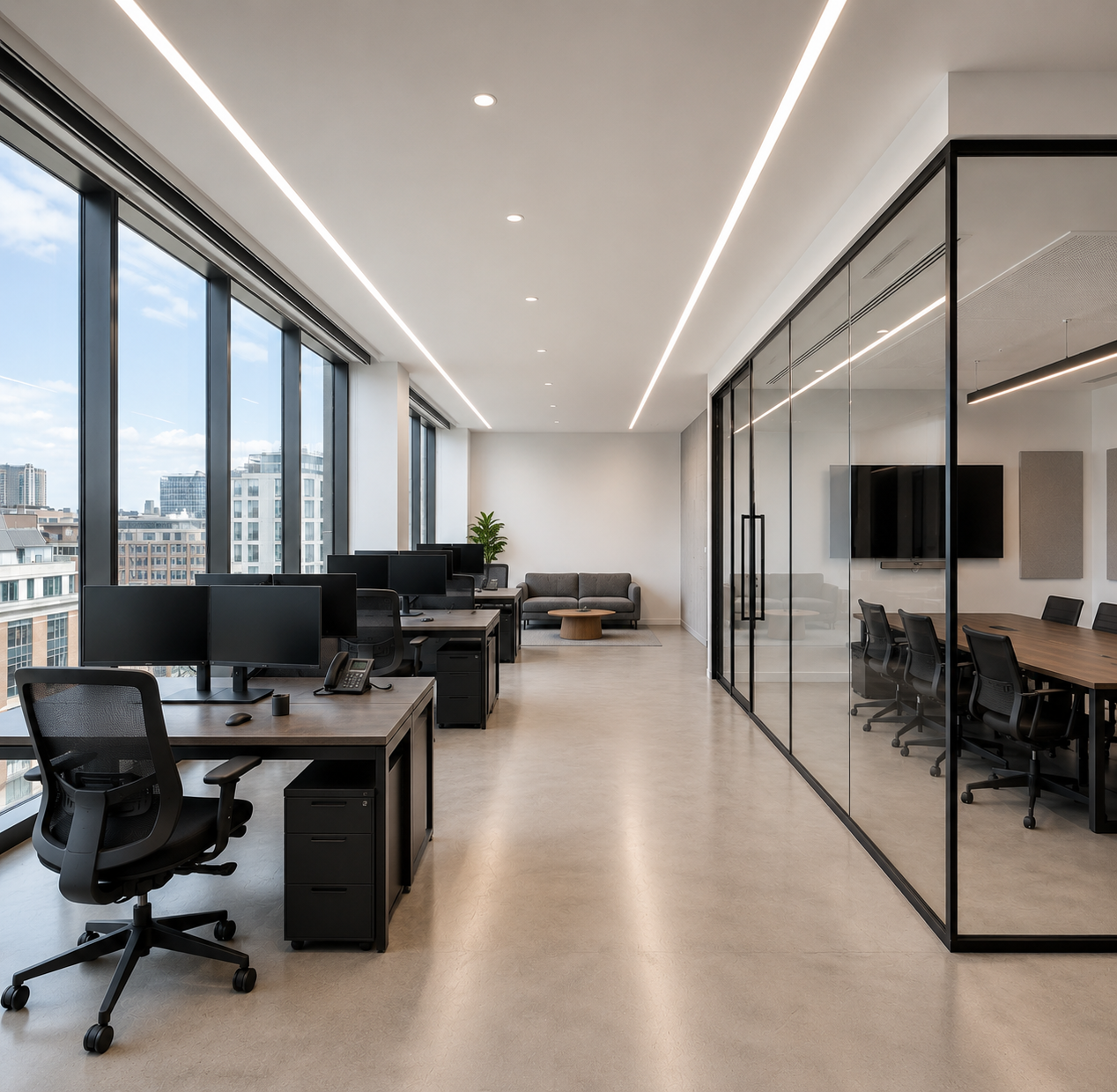 Open-plan office interior with glass-walled conference room and city views, an office construction project by ESK Construction Inc. in Los Angeles County