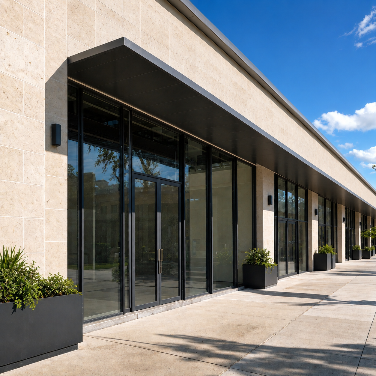 Retail storefront exterior with glass entries, a commercial retail construction project completed by ESK Construction Inc.